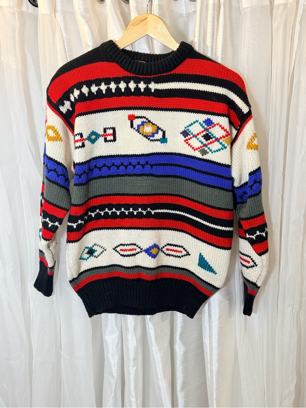 Men's Multicolor Striped Christmas Crewneck Sweater - Red, Blue, Black, White